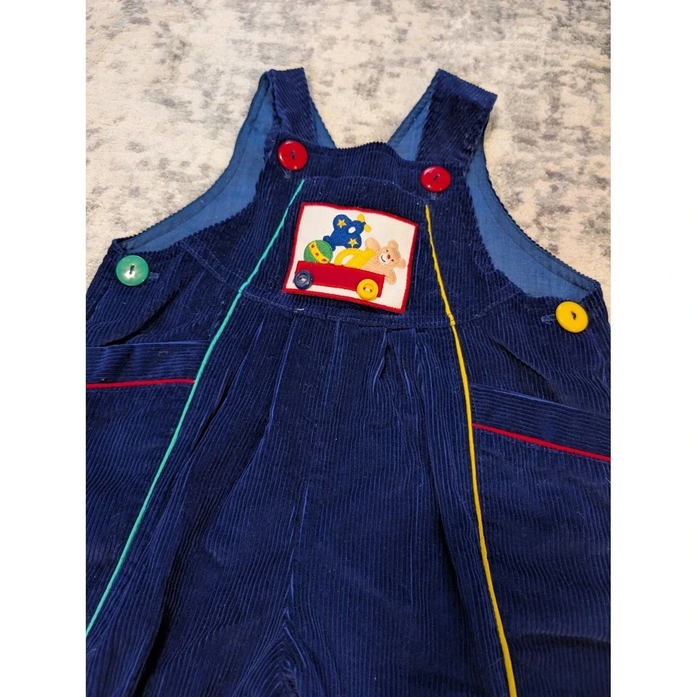 Baby Togs VTG Navy Cotton Corduroy Overalls Toy Applique Snap Closure Sz 3-6 Mo
